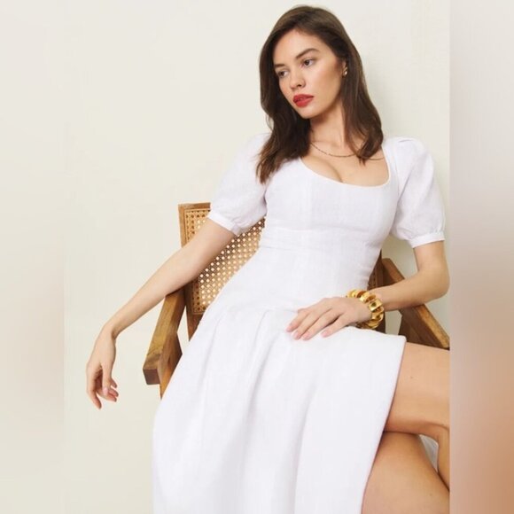 NEW Reformation Coucou Midi Linen Dress Puff Sleeves White | size 4 - Picture 1 of 12